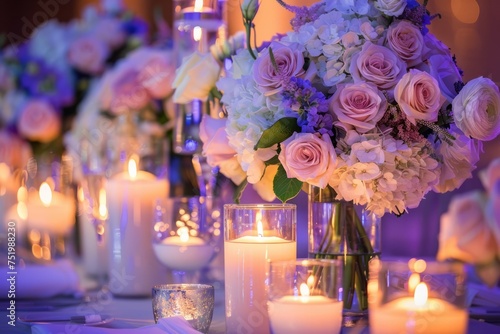 wedding reception table with candles and flowers