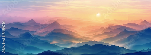 sunrise from the heights of the mountains, in the style of photo-realistic landscapes, light amber and azure