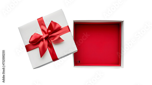 White gift box open with blank red bottom box or top view of present box tied with red ribbon and bow isolated on transparent background