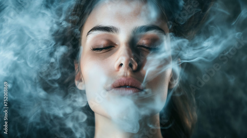 Mysterious woman exhaling swirls of smoke.