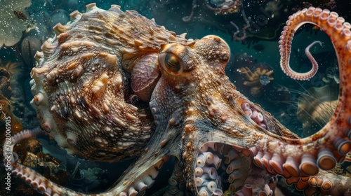 The ocean floor is a chaotic scene of swirling currents and bubbling vents with massive crustaceans and strange bloblike creatures scurrying about. A giant octopuslike beast