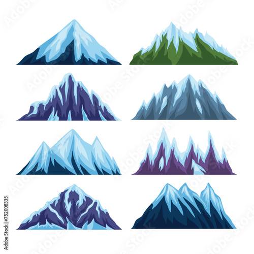 Set of snowy mountain set collection, Flat rock mountains relief. Snowy cliff, mountain and hill. Isolated rocky peak, iceberg, cartoon canyon silhouette, Outdoor travel, hiking adventure, tourism.