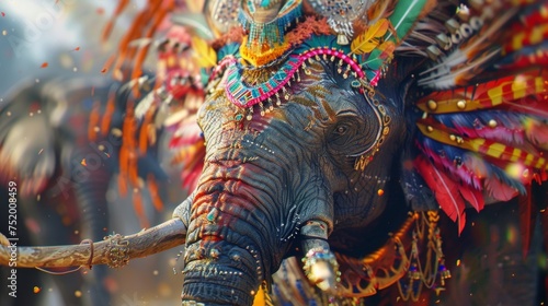 A war elephant adorned in vibrant colors and elaborate headdresses captures the attention of all who lay eyes upon it a majestic creature in the midst of war.