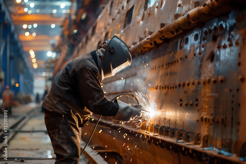 A welder is carrying out welding on a ship's hull, in a large workshop