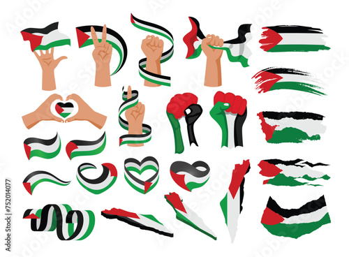 Set of Palestine national flag, Palestine flag, save palestine with hands heart, paintbrush style, Flags and outline of the country vector illustration set, vector illustration.