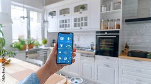 Futuristic Smart Home Kitchen Controlled by App, To showcase the integration of smart home technology in a kitchen setting, emphasizing the