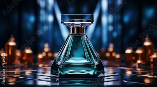 Minimalistic image of a green perfume bottle in the center with studio lighting. Luxurious background. Generative AI