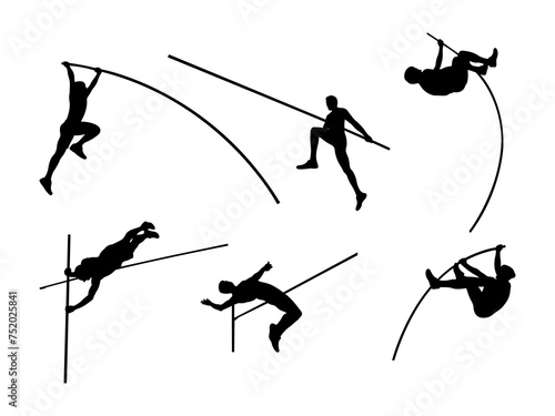 Set of Pole Vault Silhouette in various poses isolated on white background