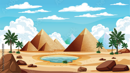 Cartoon illustration of pyramids beside a desert oasis.
