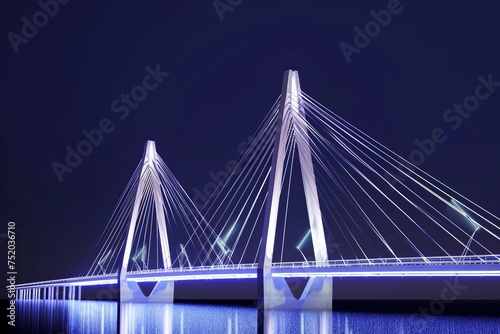 Cable-stayed bridge with illuminated towers at night, on isolated white background, Generative AI