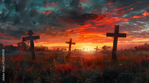 Dramatic sunset behind silhouetted crosses in a cemetery. peaceful, spiritual scene with fiery sky. perfect for religious themes. AI
