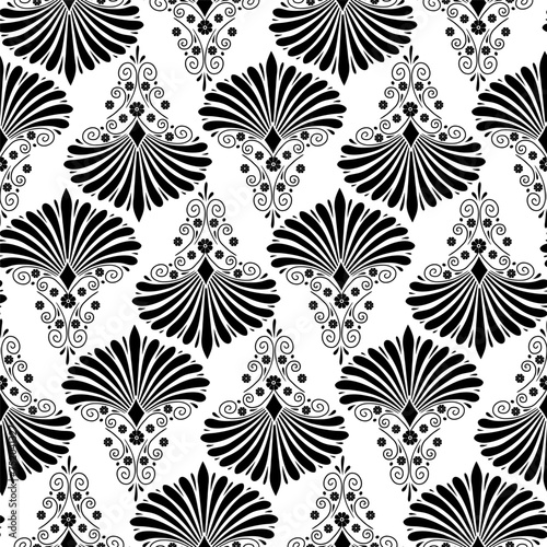 Seamless pattern with black anthemion floral motifs on a white background. Monochrome classic abstract repeat wallpaper.