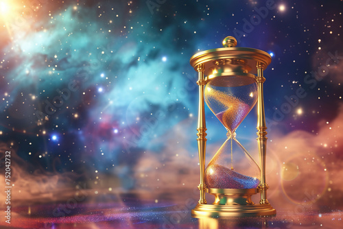 3d illustration of hourglass of space background with stars and nebula.