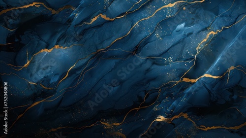 Dark blue marble abstract wallpaper adorned with lines and gold accents, reminiscent of the elegant style of kintsugi