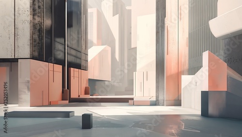 Big city life depicted in formalist aesthetics style, featuring abstract still lifes with light, minimal lines in black and grey, complemented by a warm color palette.