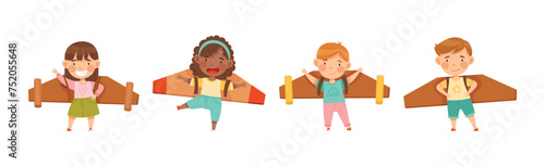Little Boy and Girl with Cardboard Wings Dream of Flying Vector Set