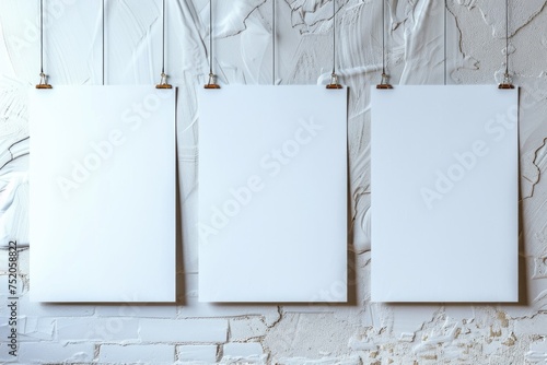 Three blank white posters hanging on a brick wall. Suitable for advertising or announcements