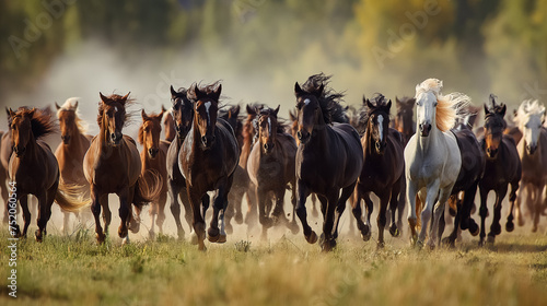 Herd of horses running in field.