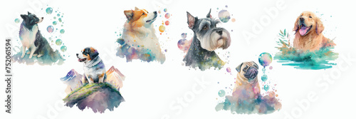 Captivating Canine Collection: Watercolor Illustrations of Five Unique Dog Breeds, Each Surrounded by Colorful Splashes