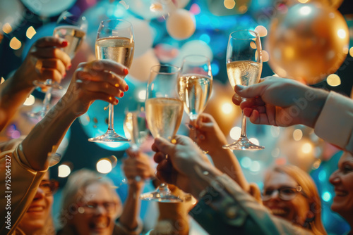Group of coworkers raising a glass with champagne celebrating retirement 
