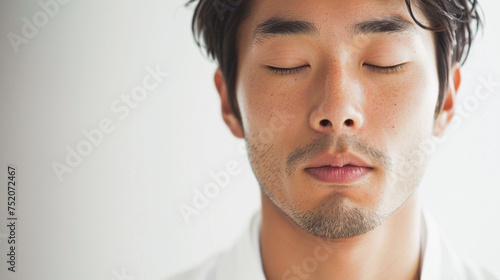 Close up of Asian handsome man’s face with beard and moustache, eye closed meditating with calm and serenity in white room in background