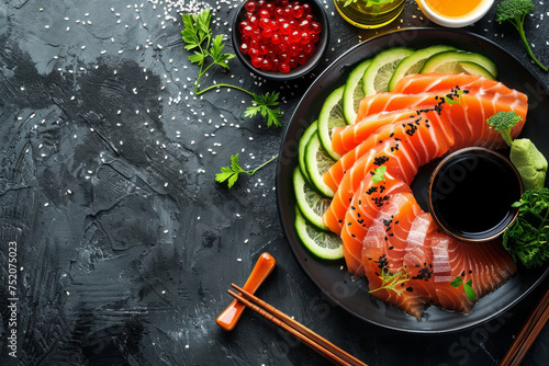 Close up of Fresh raw Salmon fillet steak and sashimi on wooden board background, delicious food for dinner, healthy food, ingredients for cooking.