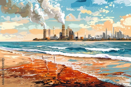 environmental impact industrial activity, Oil and wastewater spilling on beach of industrial city