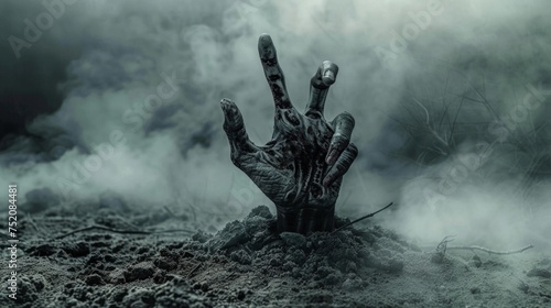 A zombie hand rises from a pile of dirt, showcasing a spooky and eerie scene