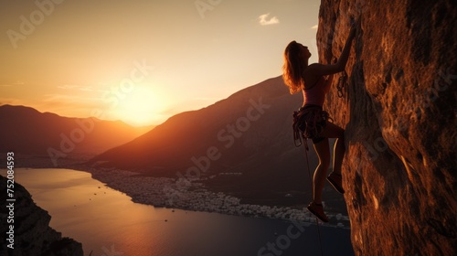 A female climber descending from a cliff with a safety rope on the background of the sunset and the coast. Extreme outdoor sports, Active lifestyle, travel concepts. Horizontal banner, Copy space.