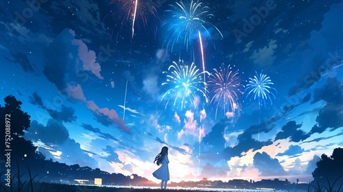 夜空の打ちあげ花火を見る女性のアニメ風イラスト