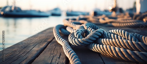 Nautical Atmosphere: Boat Mooring Ropes on a Rustic Wooden Dock Overlooking the Harbor
