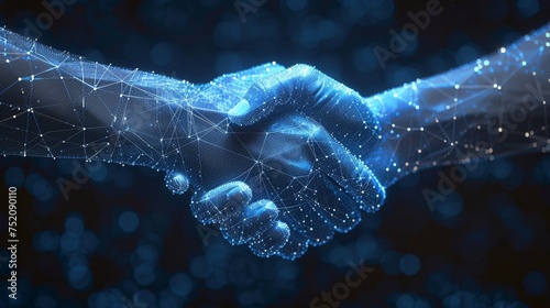 Abstract blue technology background with two hands in lines connected by dots and triangles, representing a digital handshake and symbolizing business partnership.