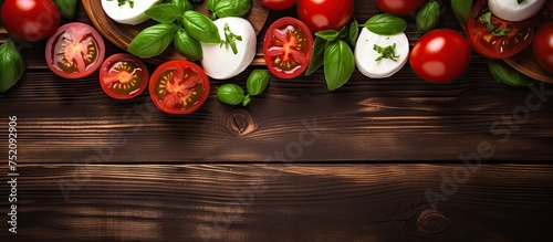 Delicious Italian Caprese Salad Platter with Fresh Tomatoes and Mozzarella on Rustic Wooden Background