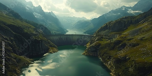 Swiss mountain hydroelectricity reservoir dam generating renewable energy and reducing global warming aerial view decarbonization in summer.