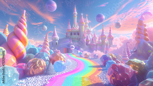 A 3D cartoon dreamland with a pathway of rainbow licorice leading to a castle of sugar glass under a sky of glowing candy orbs