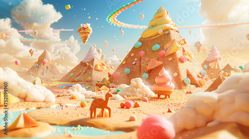 A dreamy 3D cartoon scene with a land of dessert pyramids an oasis of soda and camels made of marzipan under a sky with comet trails of sprinkles