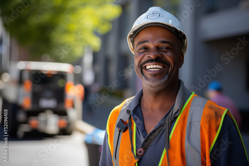 Men public works worker smiling at work. Working man. Public works job offer. AI.