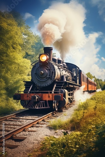 An antique steam-powered locomotive is seen chugging down train tracks surrounded by a lush green forest. The train is in motion, moving through the vibrant greenery of the forest