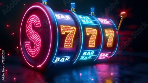 Casino slot machine with neon glowing lucky 777 combination.