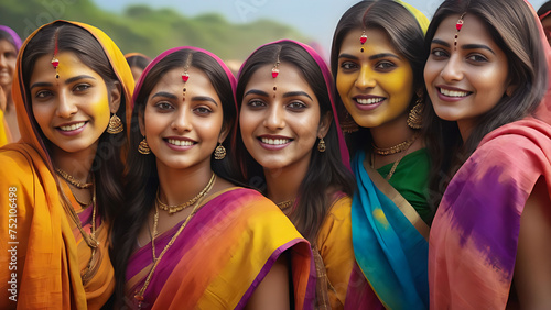 group of womens celebrating holi festival. wearing traditional dresses.