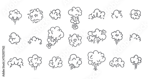 Smoke puff clouds icons set. Silhouettes of gas and steam explosion with speed trails, dust and fumes bubbles of round frame. Smoke in air collection of icons of doodle style vector illustration