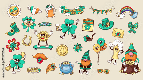Groovy stickers for St Patrick Day set vector illustration. Cartoon isolated retro Irish elements collection with green lucky shamrock and beer, hat of leprechaun and pot with gold, balloons and heart