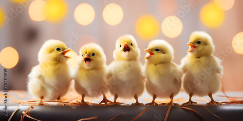 Happy birthday concept. Row of small little yellow chicks on candle background. Easter chicken and candle