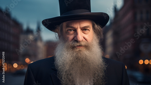 A frontal portrait of an old Jewish rabbi with a distinguished beard, reflecting wisdom and tradition.