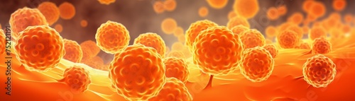 A microscopic view of abnormal white blood cells, known as leukemia cells, set against a warning orange background, indicating danger and the presence of disease. 