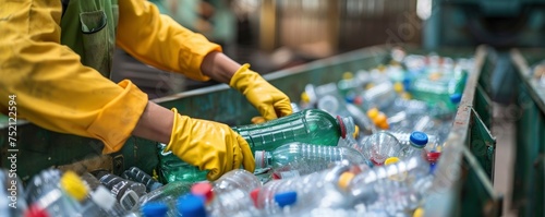 Environmental Stewardship, Worker Sorting Recyclable Plastic Bottles at a Recycling Facility, Contributing to Sustainable Practices
