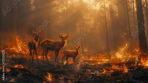 Deer gather before a blazing forest, natural landscape disrupted by fire event