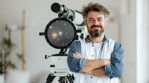 Portrait of Smiling man with a telescope and comet observation equipment