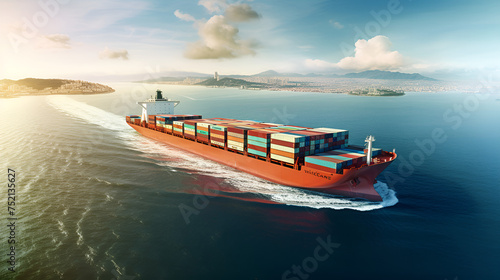 ship in the sea,ship on the river,boat on the river,A large container cargo ship can be seen traveling across the ocean in a front view with enough