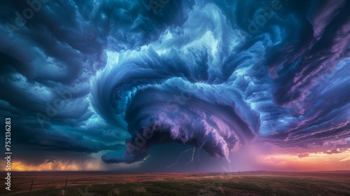 Majestic Supercell Thunderstorm Over Prairie at Sunset With Dramatic Lightning and Intense Cloud Formation